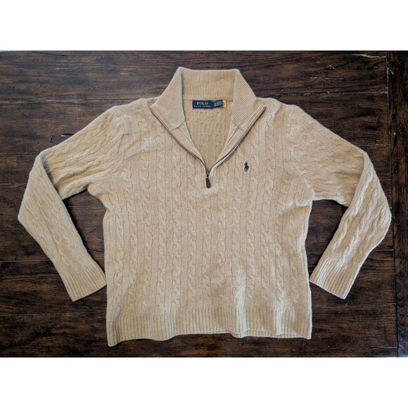 Polo Ralph Lauren Men Sweater XXLT Wool/Cashmere Cable Knit 1/4 Zip Camel Tan - Picture 1 of 12